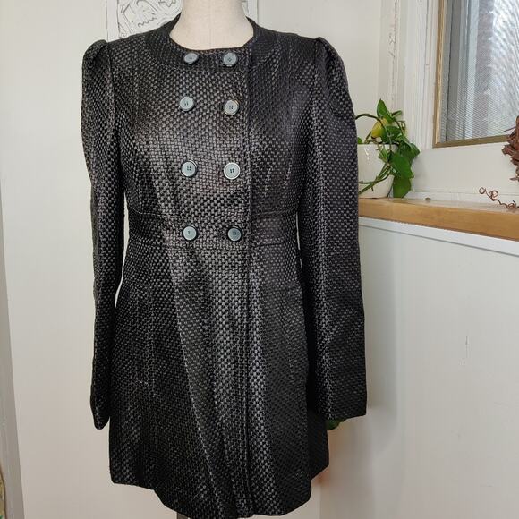 French Connection Black Woven Double Breasted Collarless Trench Coat Size 8 - Picture 1 of 10